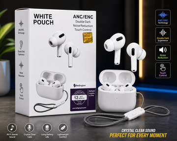 White Pouch ANC/ENC Wireless Bluetooth Earbuds – Touch Control, Hi-Fi Stereo Sound & Portable Charging Case
