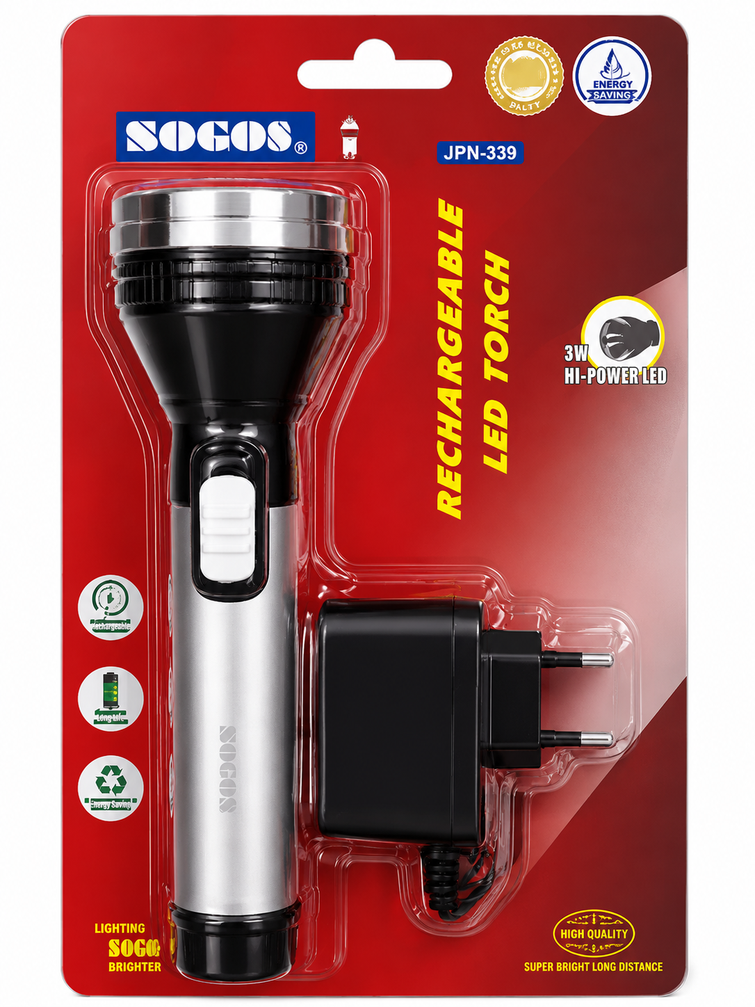 SOGOS JPN-339 Rechargeable LED Torch | 3W High Power Flashlight | Long Distance Emergency Torch with Charger