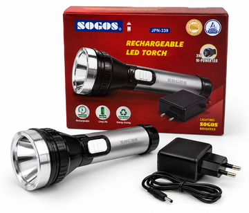 SOGOS JPN-339 Rechargeable LED Torch | 3W High Power Flashlight | Long Distance Emergency Torch with Charger