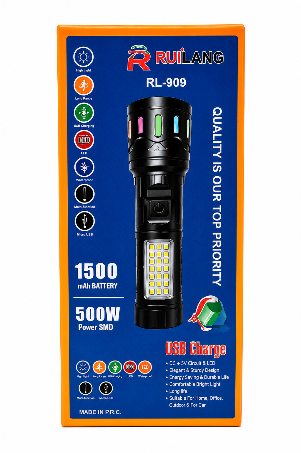 RUILANG RL-909 USB Rechargeable LED Torch | 1500mAh Battery | 500W SMD Flashlight | Waterproof Multifunction Torch