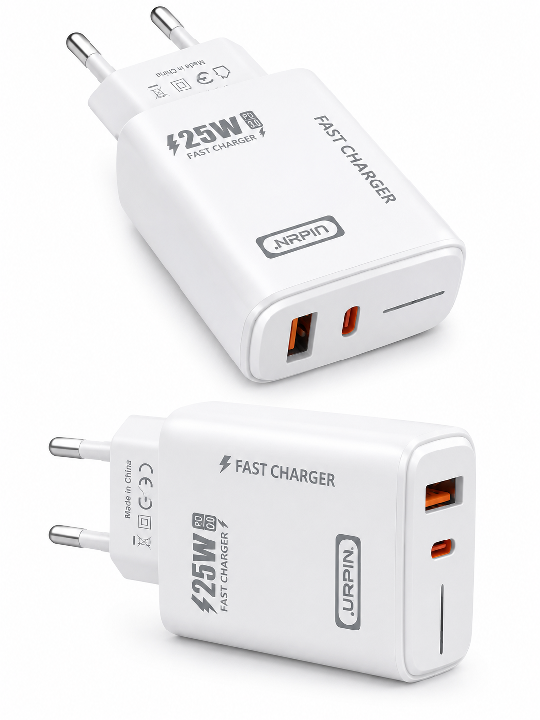 URPIN 25W PD Fast Charger – USB-A + USB-C Dual Port Super Fast Charging Wall Adapter (EU Plug)