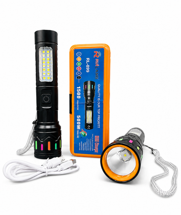 RUILANG RL-909 USB Rechargeable LED Torch | 1500mAh Battery | 500W SMD Flashlight | Waterproof Multifunction Torch