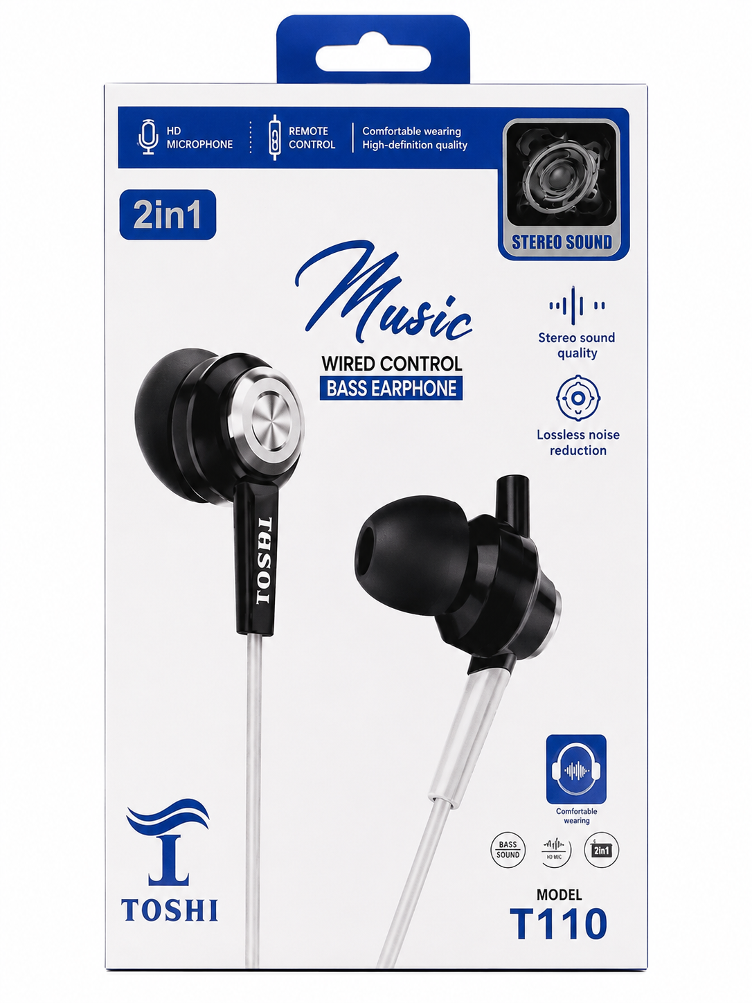 TOSHI T110 Wired Bass Earphones with HD Microphone, Remote Control & Stereo Sound – 3.5mm Jack