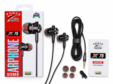 Power X One X75 Stereo Wired Earphones with Deep Bass, HD Microphone & 3.5mm Jack – Black