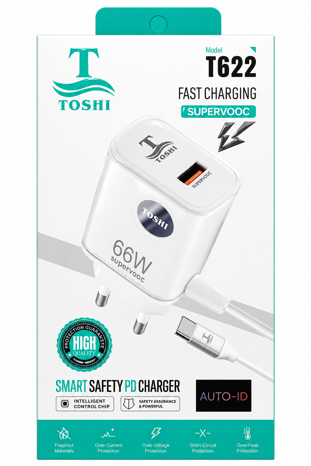 TOSHI T622 66W SuperVOOC Fast Charger with Type-C Cable | PD Smart USB Wall Charger | Auto-ID Fast Charging Adapter