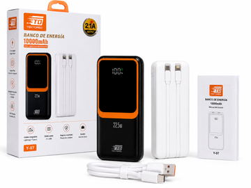TEKYOREO Y-07 10000mAh Fast Charging Power Bank – 22.5W PD & QC, Dual Built-in Cables, LED Digital Display, 2.1A Output