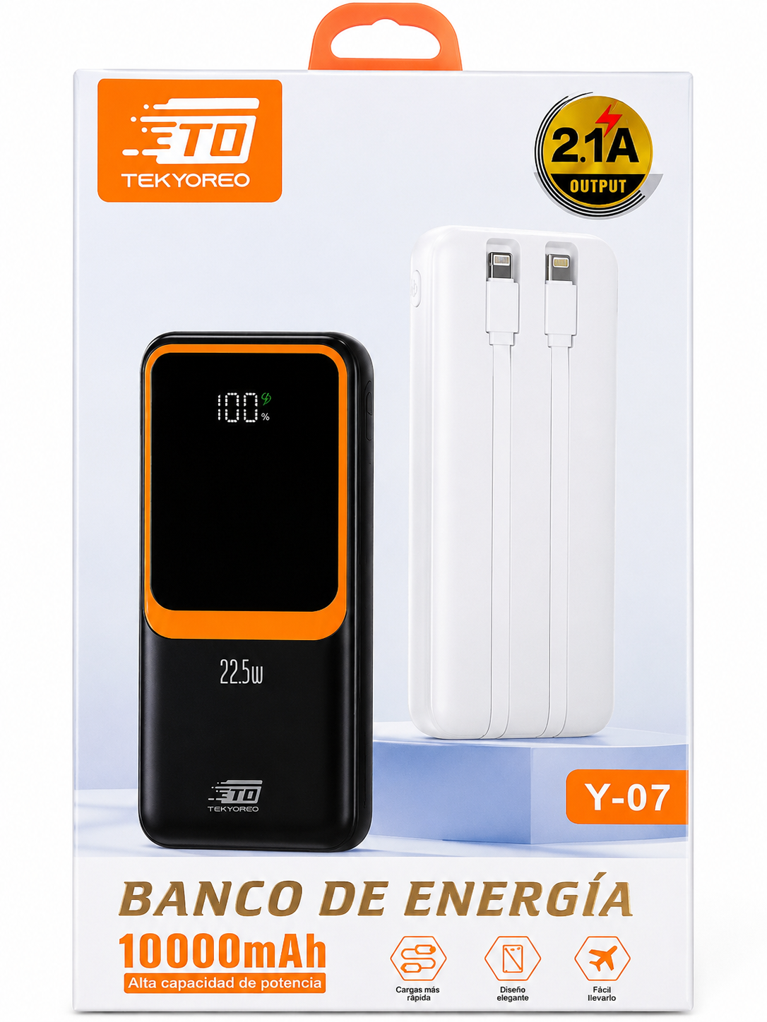 TEKYOREO Y-07 10000mAh Fast Charging Power Bank – 22.5W PD & QC, Dual Built-in Cables, LED Digital Display, 2.1A Output