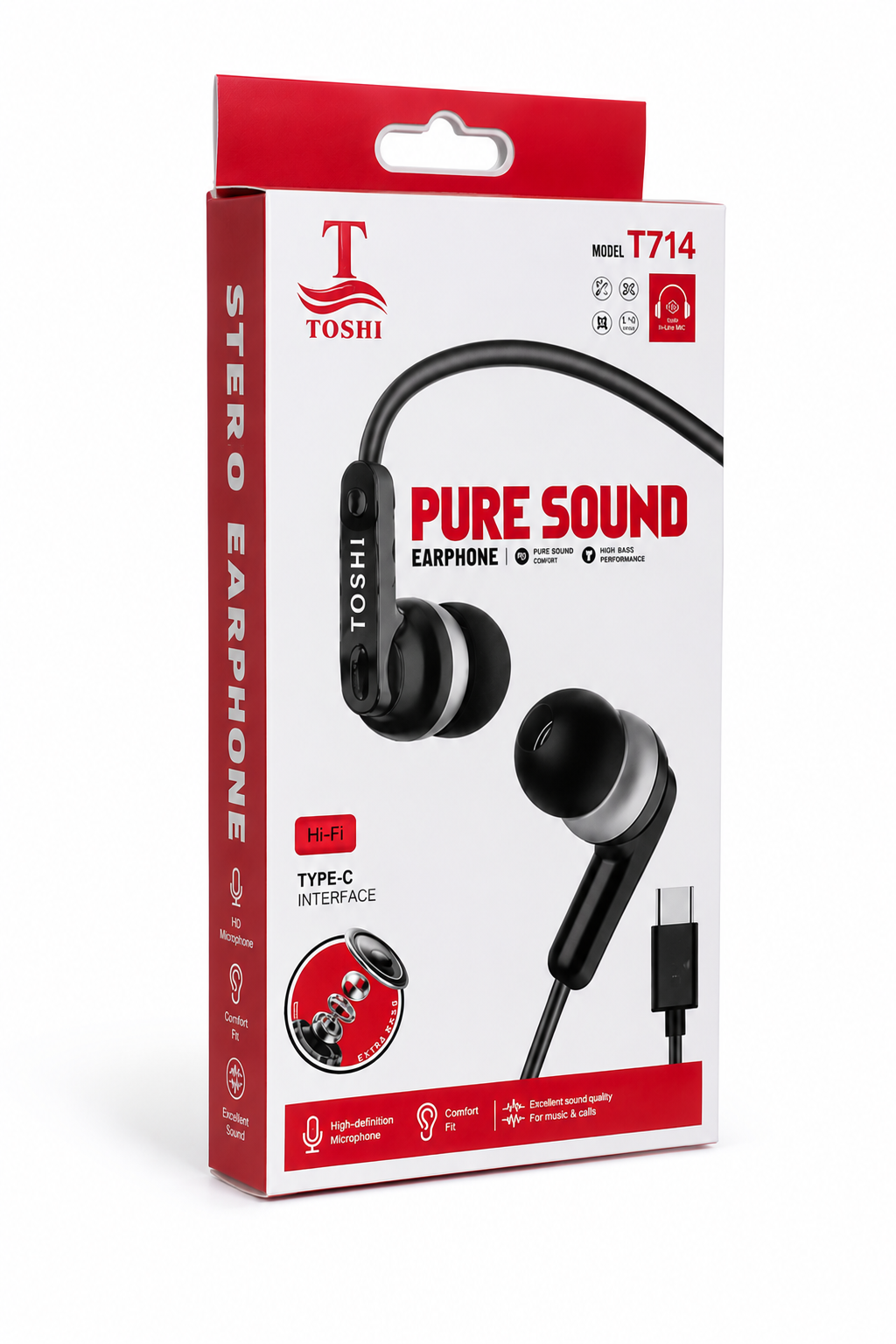 TOSHI T714 Type-C Wired Earphones – Pure Sound Hi-Fi Stereo Earbuds with HD Microphone