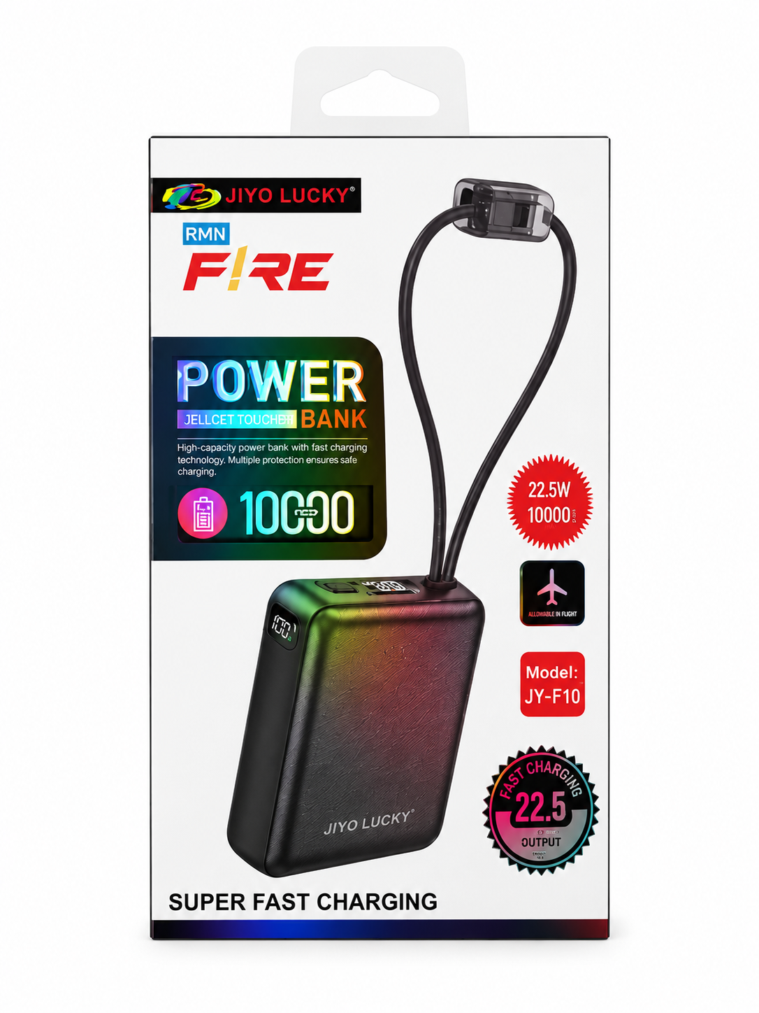 JIYO LUCKY FIRE JY-F10 10000mAh Power Bank – 22.5W Super Fast Charging with Built-in Cable & Digital Display
