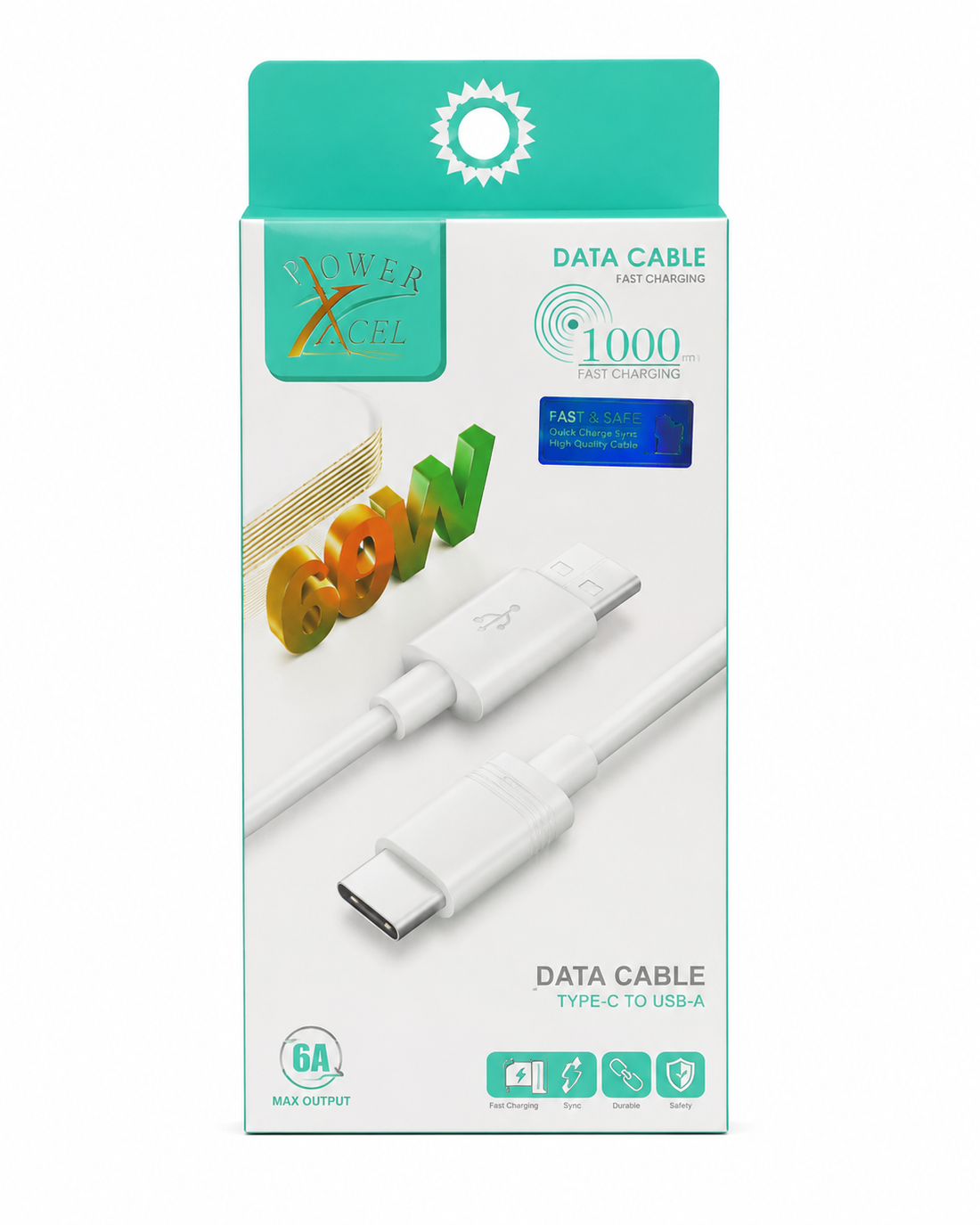 Power Xcel 6A 60W USB to Type-C Fast Charging Data Cable 1 Meter