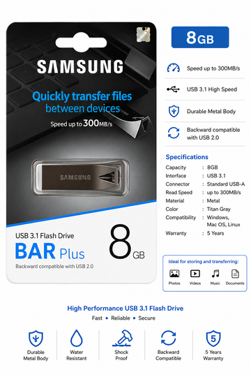 Samsung BAR Plus USB 3.1 Flash Drive – 8GB / 16GB / 32GB / 64GB High Speed Metal USB Drive