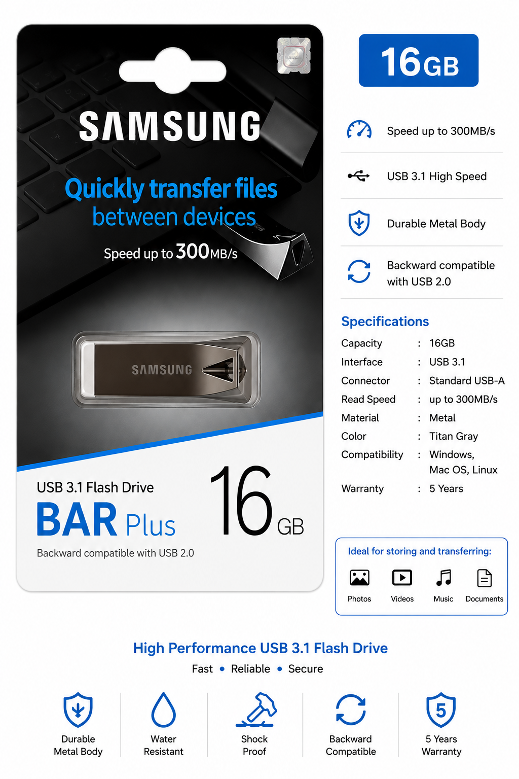 Samsung BAR Plus USB 3.1 Flash Drive – 8GB / 16GB / 32GB / 64GB High Speed Metal USB Drive