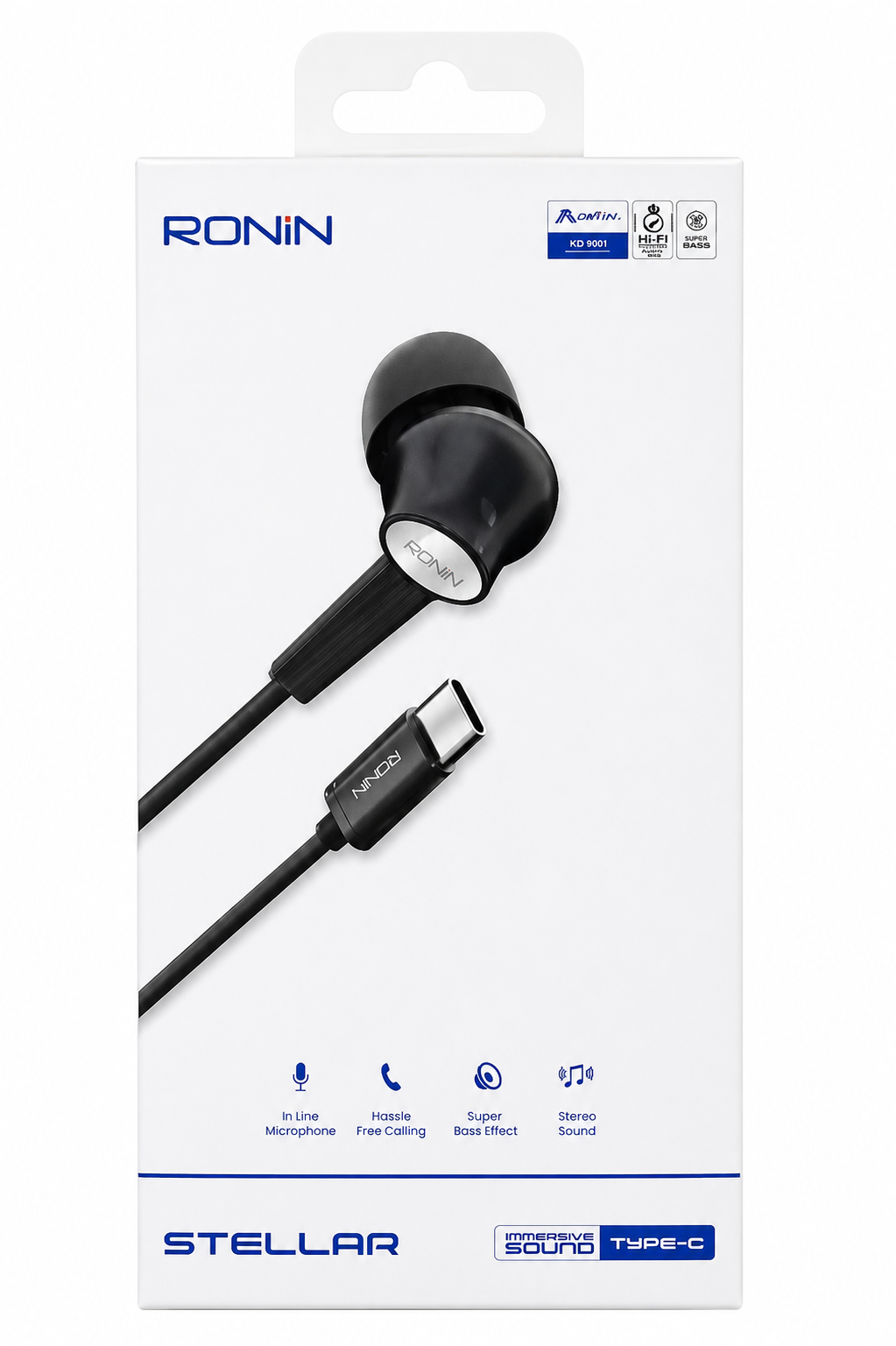 RONIN Stellar Type-C Wired Earphones with HD Mic & Super Bass - Black