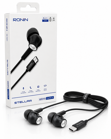 RONIN Stellar Type-C Wired Earphones with HD Mic & Super Bass - Black