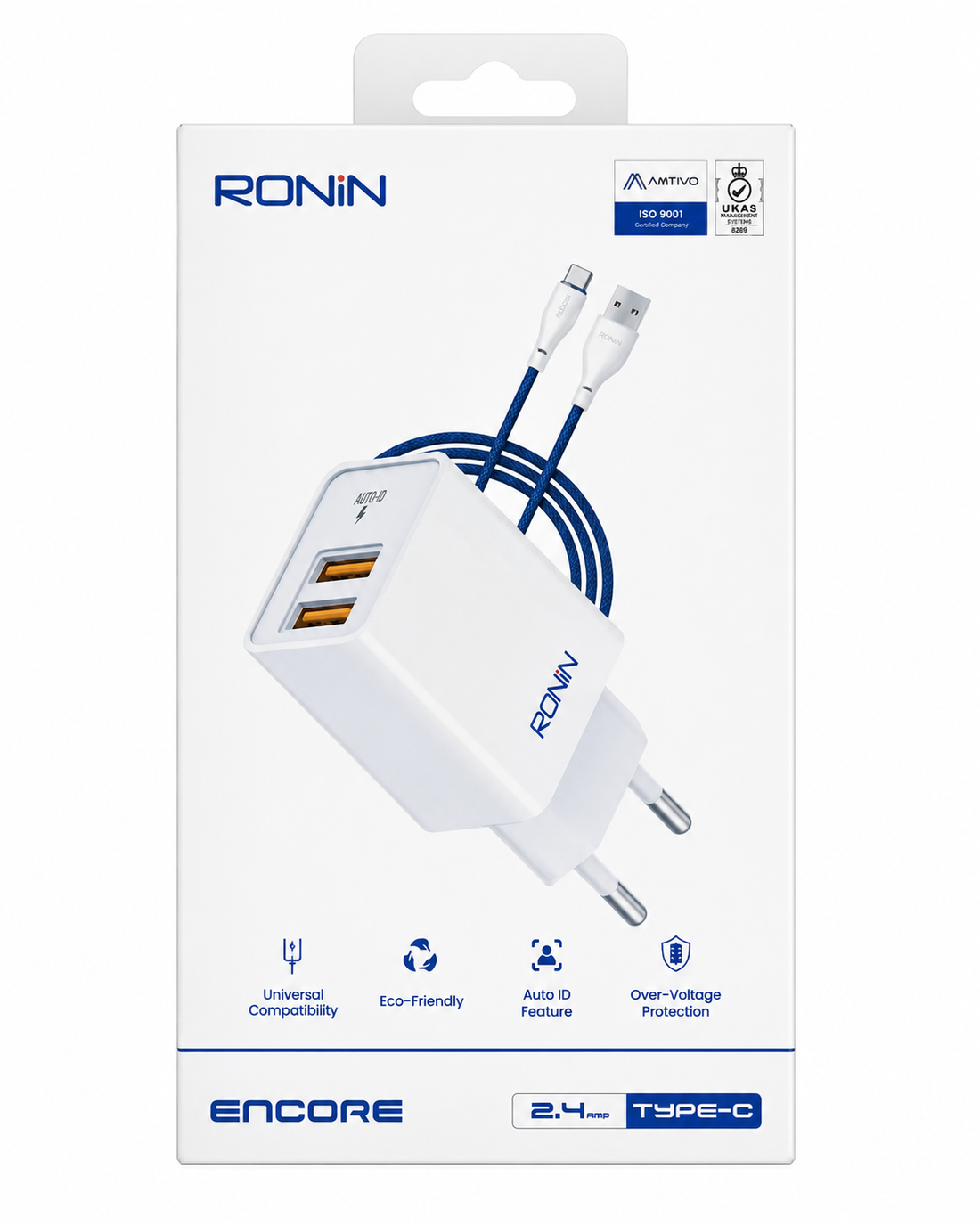 RONIN Encore 2.4A Dual USB Charger with Type-C Cable | Fast Charging Wall Adapter | Auto ID Technology