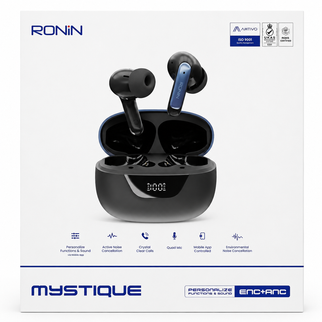 RONIN Mystique ENC + ANC True Wireless Earbuds | Quad Mic | App Control | Digital Display Charging Case