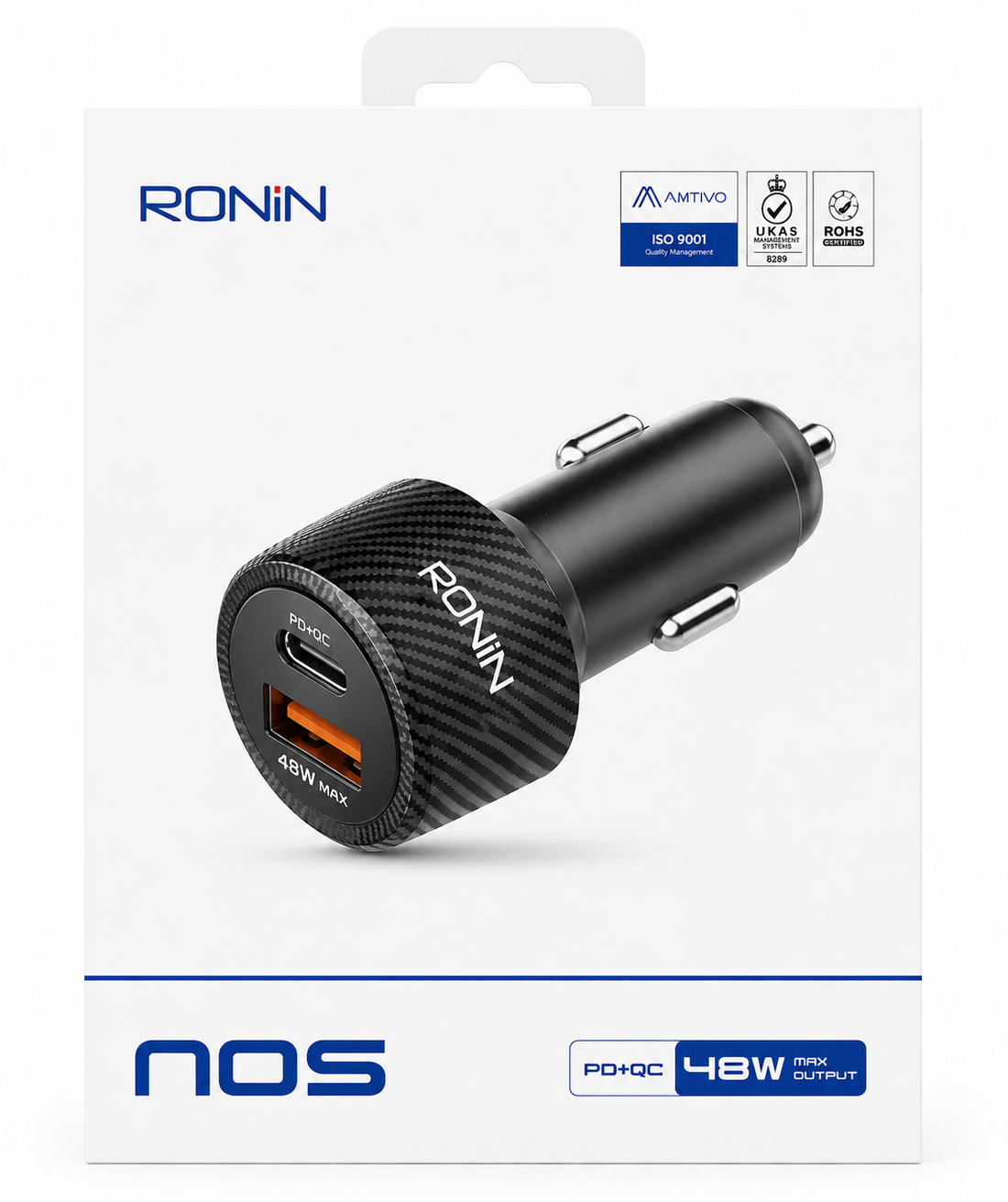 RONIN NOS 48W PD + QC Fast Car Charger | Dual Port USB-C & USB-A | Super Fast Charging