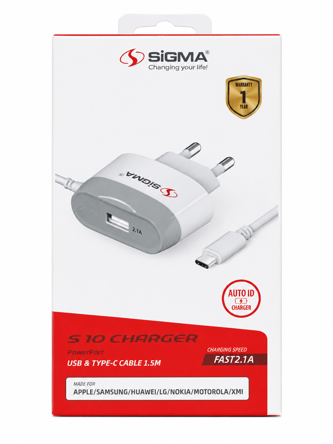 SIGMA S10 2.1A Fast Charger with 1.5M Type-C Cable | USB Wall Charger | Auto ID Charging | 1 Year Warranty