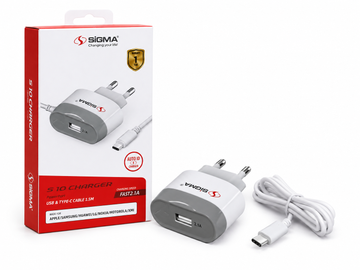 SIGMA S10 2.1A Fast Charger with 1.5M Type-C Cable | USB Wall Charger | Auto ID Charging | 1 Year Warranty
