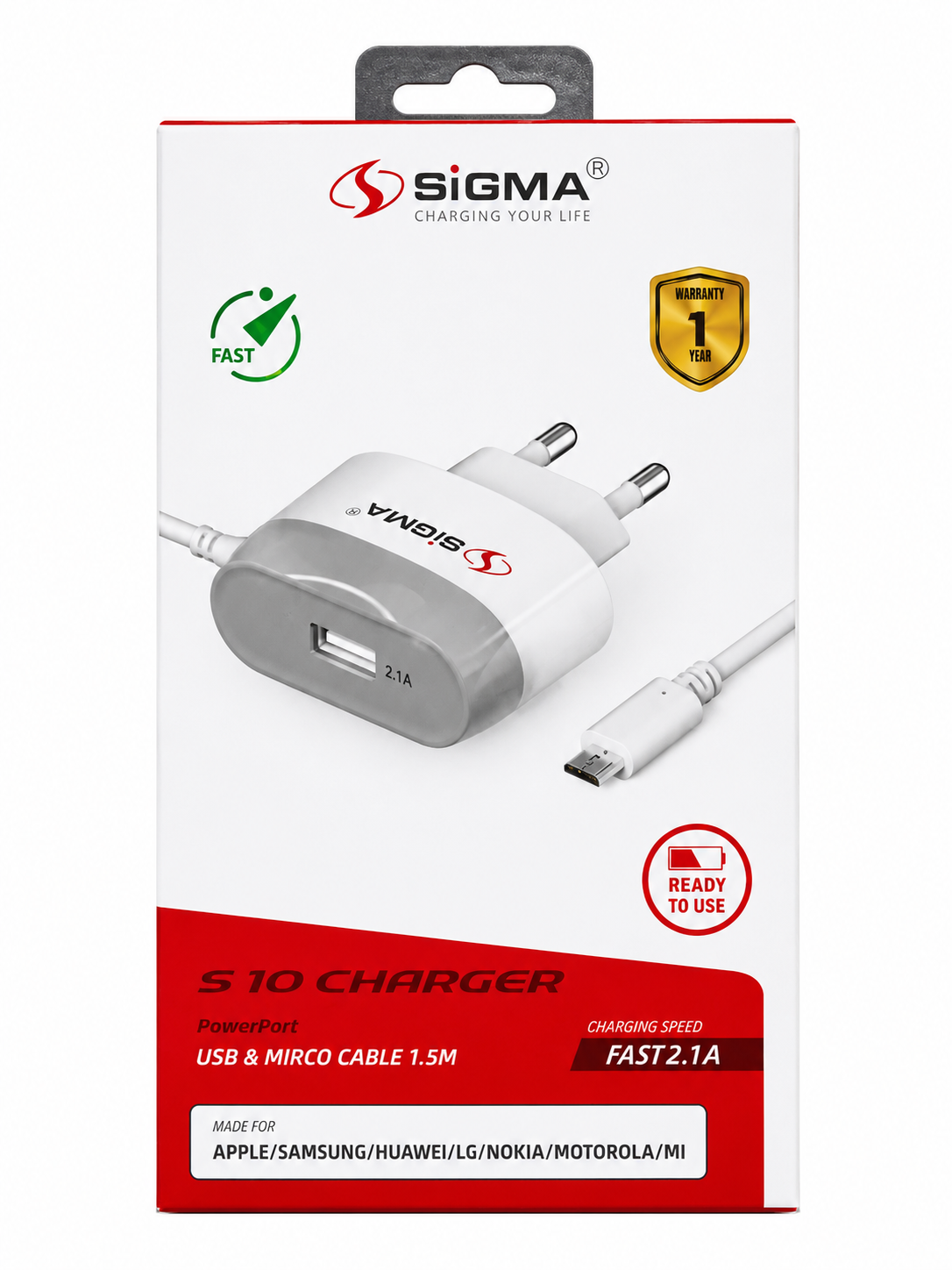 SIGMA S10 2.1A Fast Charger with 1.5M Micro USB Cable | USB Wall Charger | Fast Charging | 1 Year Warranty