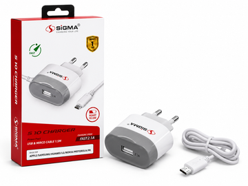 SIGMA S10 2.1A Fast Charger with 1.5M Micro USB Cable | USB Wall Charger | Fast Charging | 1 Year Warranty
