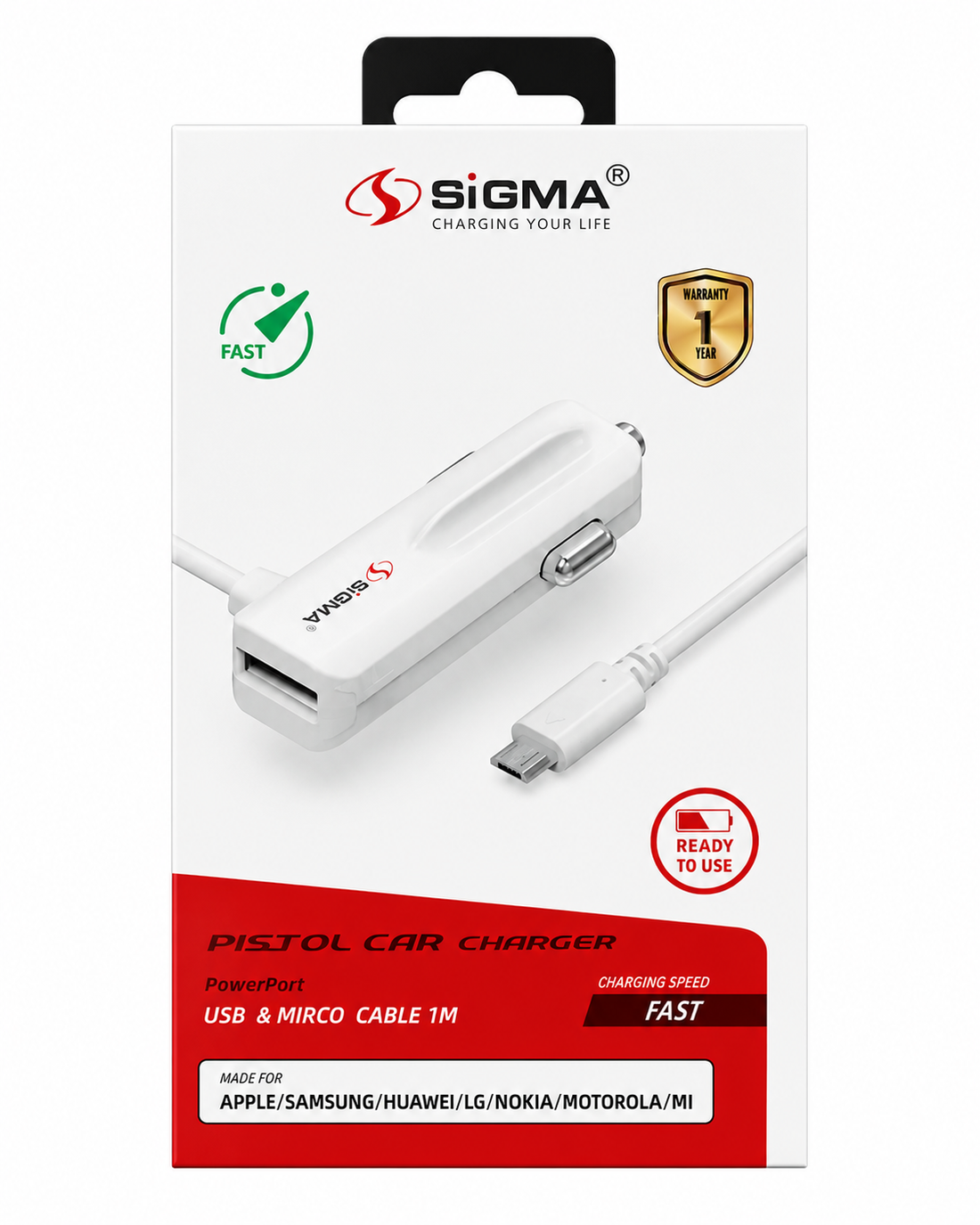 SIGMA Pistol USB Car Charger with 1M Micro USB Cable | Fast Charging Car Adapter