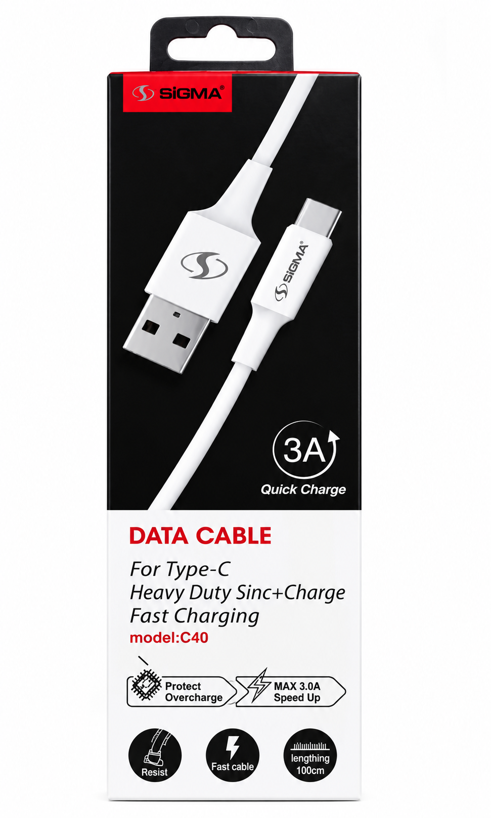 SIGMA C40 Type-C Fast Charging Data Cable | 3A USB-A to Type-C Cable | 1 Meter