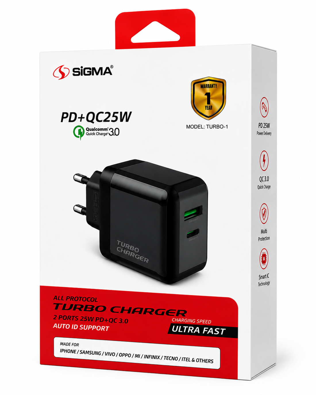 SIGMA Turbo-1 25W PD + QC 3.0 Fast Charger | Dual Port USB + Type-C Fast Charging Adapter