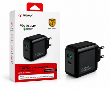 SIGMA Turbo-1 25W PD + QC 3.0 Fast Charger | Dual Port USB + Type-C Fast Charging Adapter