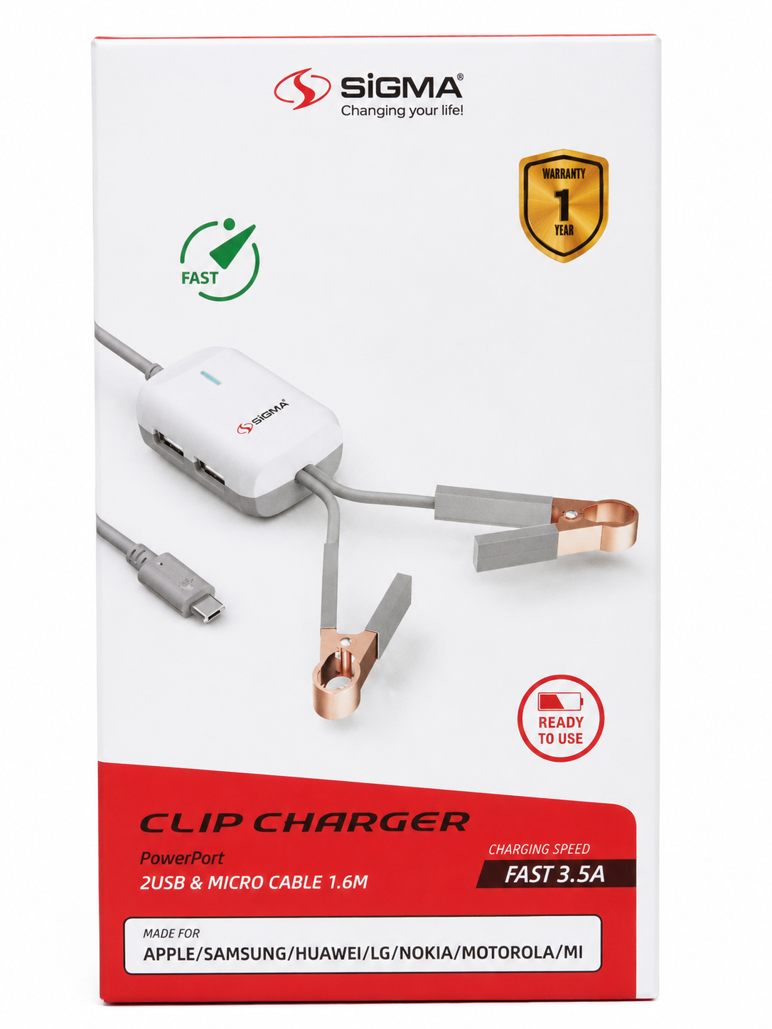 SIGMA Clip Charger 3.5A Fast Charging Cable | 2 USB Ports | 1.6M Micro USB Cable | Battery Clip Charger