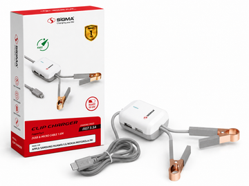 SIGMA Clip Charger 3.5A Fast Charging Cable | 2 USB Ports | 1.6M Micro USB Cable | Battery Clip Charger