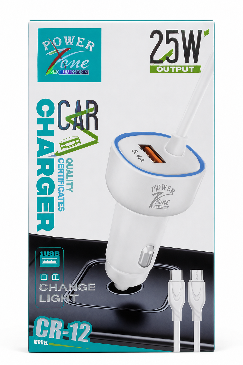 Power X One CR-12 25W Fast Car Charger with Charging Cable | USB Car Charger for Android