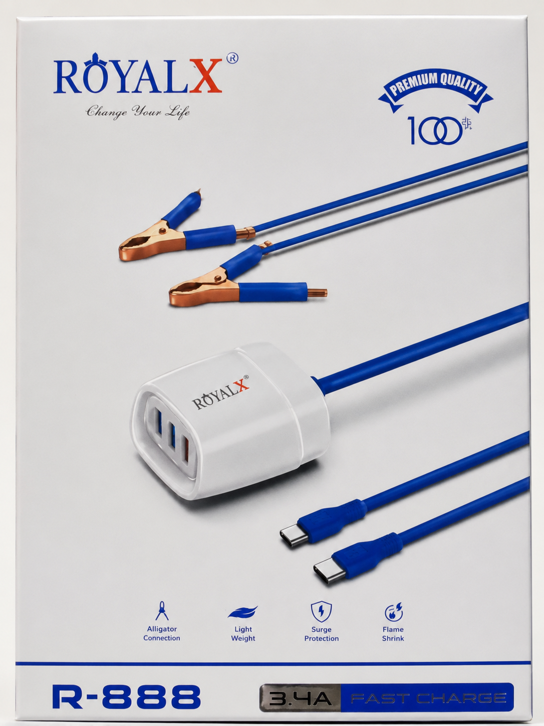 ROYALX R-888 3.4A Fast Charging USB Clamp Charger | Type-C 3-Port USB Charger Cable
