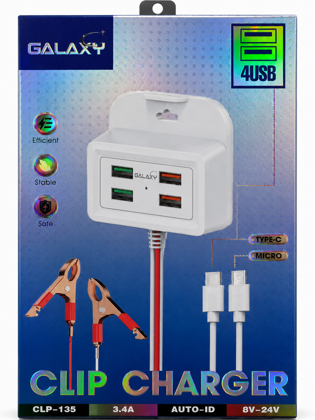 Galaxy CLP-135 4 USB 3.4A Fast Clip Charger | Auto-ID Type-C & Micro USB Charging Cable