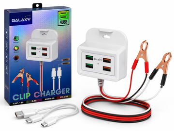 Galaxy CLP-135 4 USB 3.4A Fast Clip Charger | Auto-ID Type-C & Micro USB Charging Cable