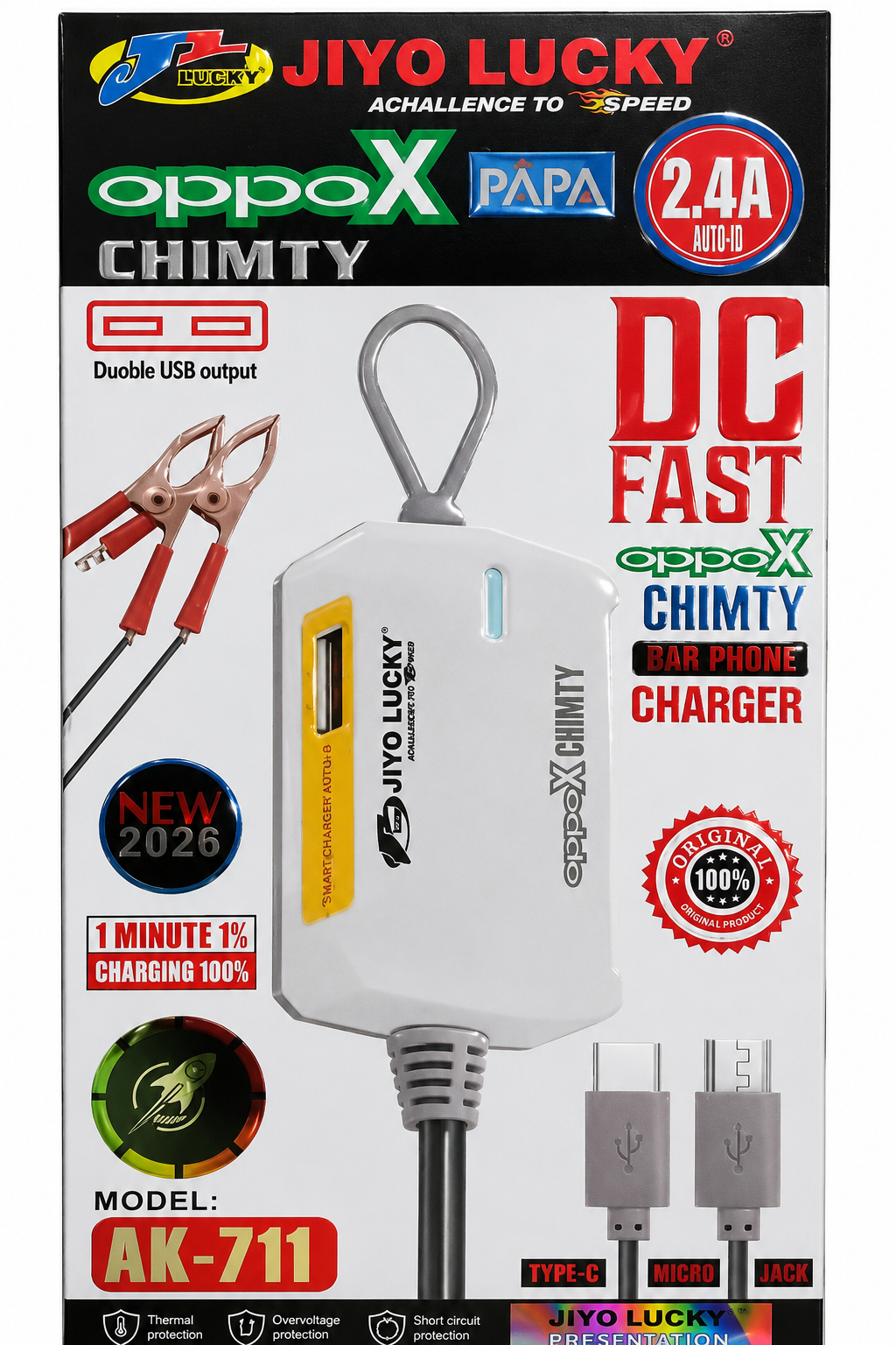 JIYO LUCKY AK-711 DC Fast Bar Phone Charger | 2.4A Auto-ID Type-C & Micro USB Clip Charge