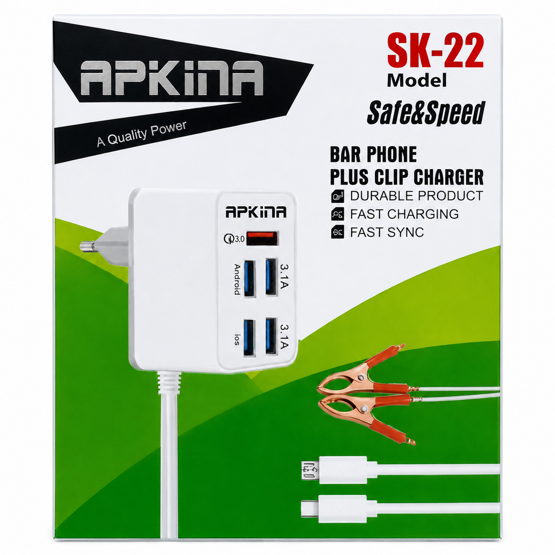 APKINA SK-22 4 USB Fast Charger | 3.1A QC3.0 Bar Phone Plus Clip Charger | Type-C & Micro USB