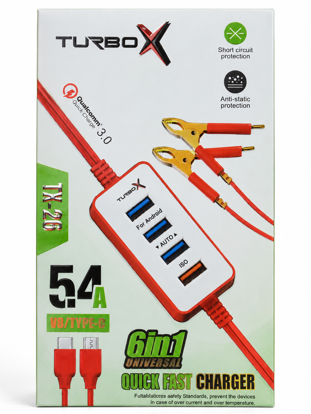Turbo X TX-26 6-in-1 Universal 5.4A Quick Fast Charger Cable with Battery Clamps (Type-C & Micro USB)