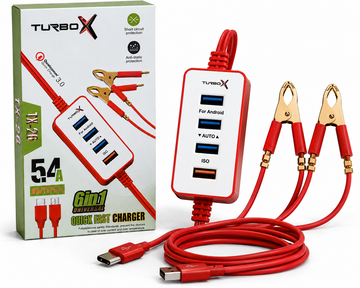 Turbo X TX-26 6-in-1 Universal 5.4A Quick Fast Charger Cable with Battery Clamps (Type-C & Micro USB)