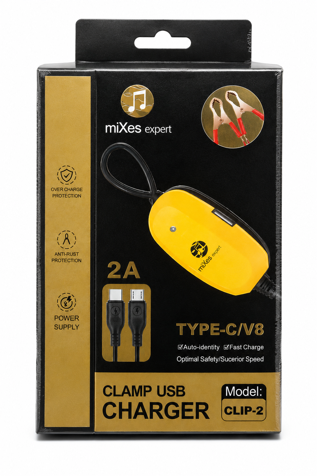 miXes Expert CLIP-2 2A Clamp USB Charger | Type-C & Micro USB Fast Charging Cable