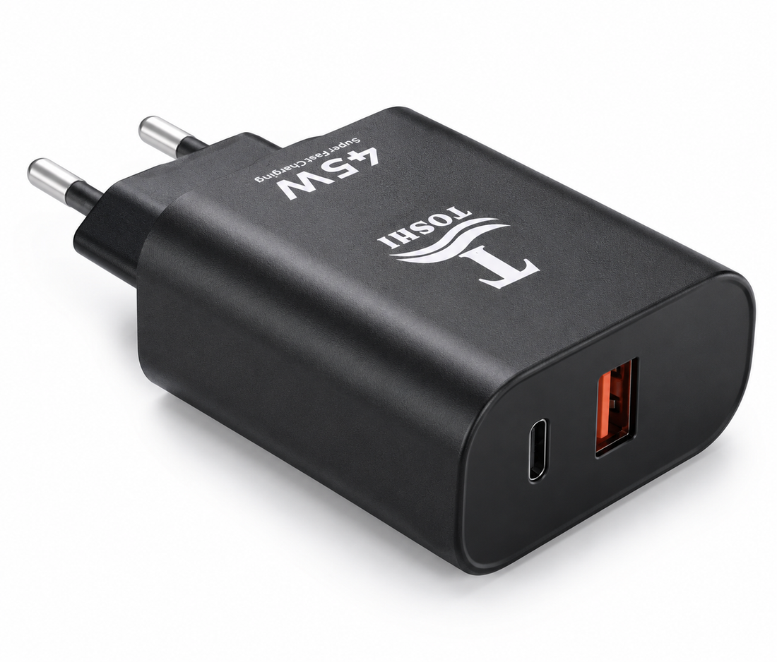 TOSHI 45W Super Fast Charger – USB-A + USB-C PD Dual Port Fast Charging Wall Adapter