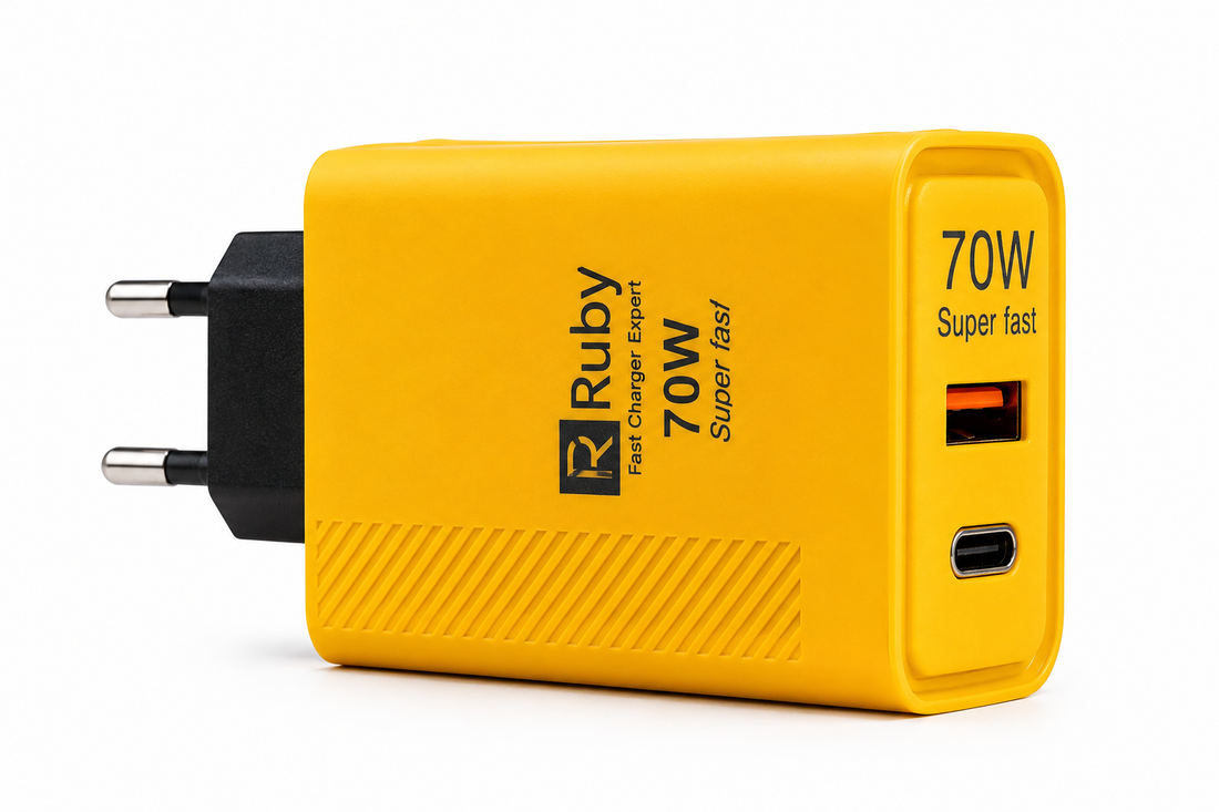 Ruby 70W Super Fast Charger – USB-A + USB-C PD Dual Port Fast Charging Wall Adapter