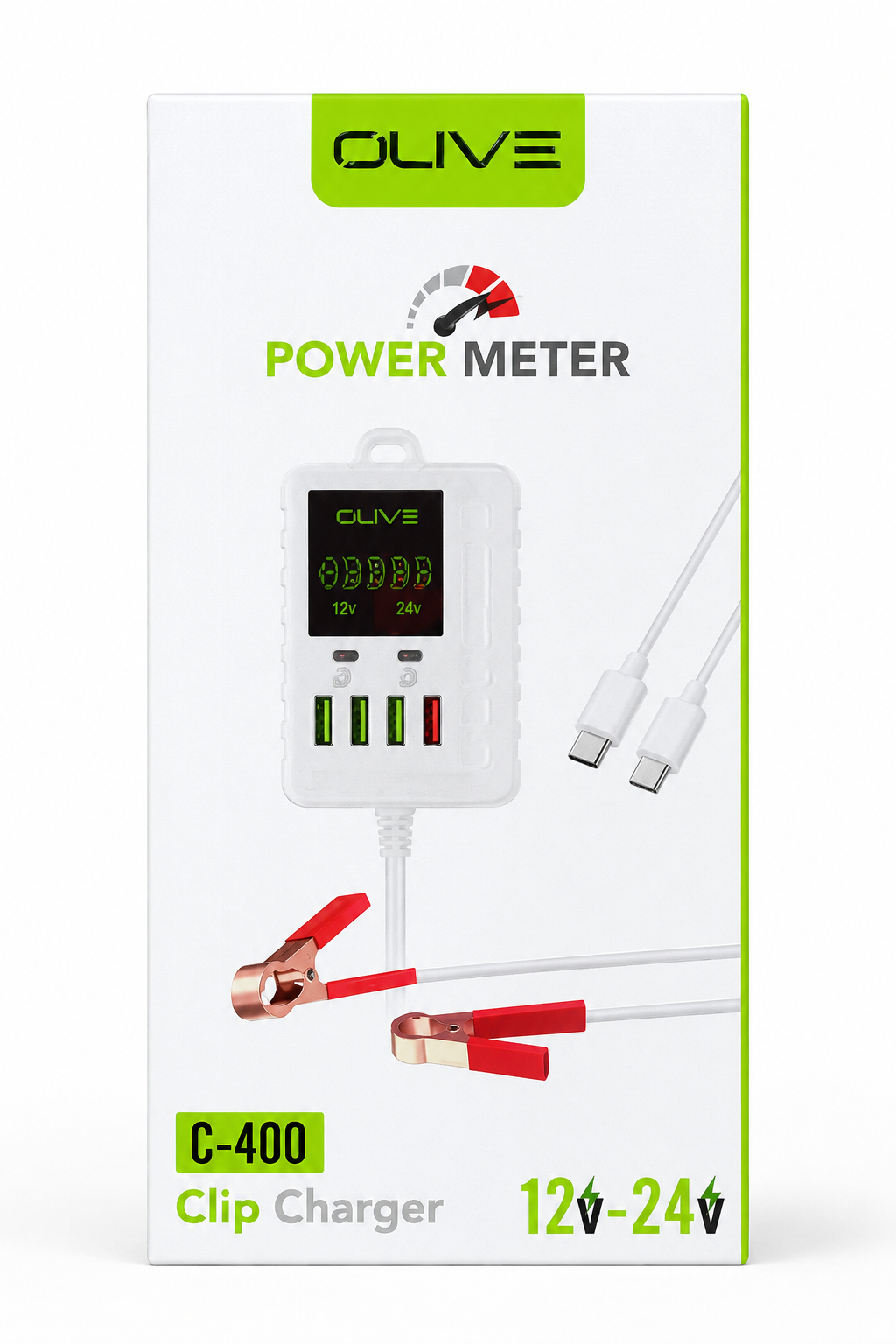 OLIVE C-400 12V–24V Smart Clip Charger with Digital Power Meter & 4 USB Ports