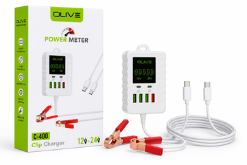 OLIVE C-400 12V–24V Smart Clip Charger with Digital Power Meter & 4 USB Ports
