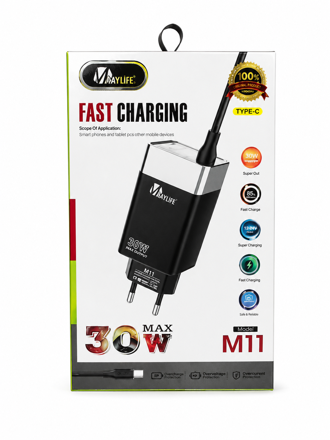 MayLife M11 30W Fast Charger with Type-C Cable | USB-C Fast Charging Adapter | Black