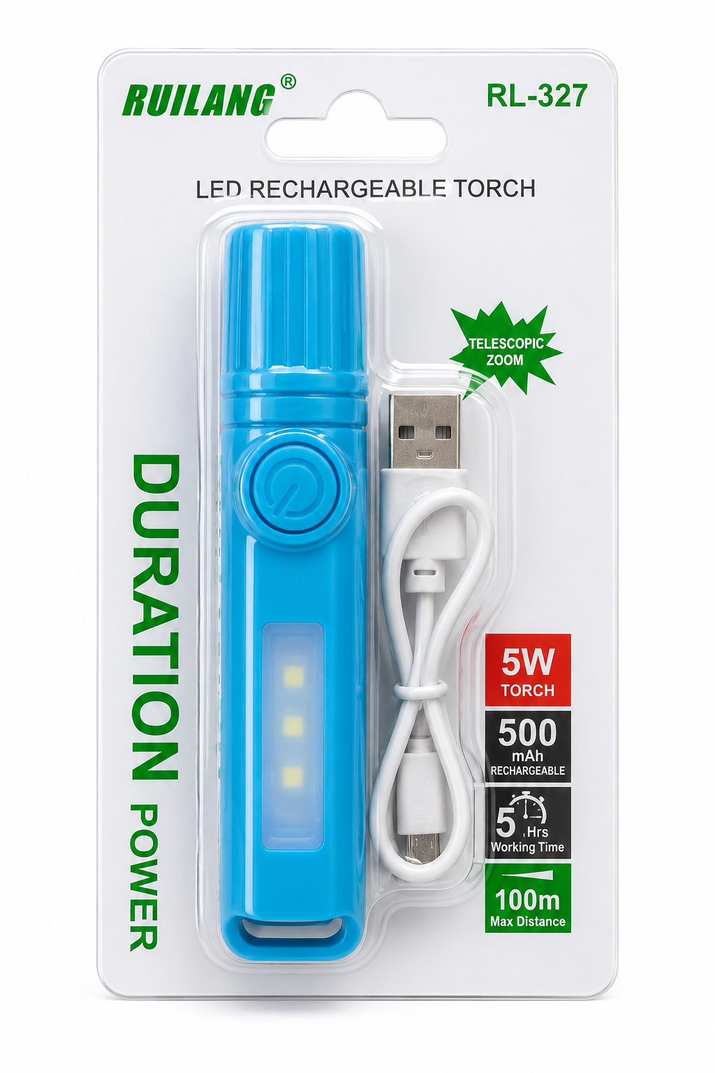 RUILANG RL-327 LED Rechargeable Torch 5W | 500mAh Battery | USB Rechargeable | Telescopic Zoom Flashlight