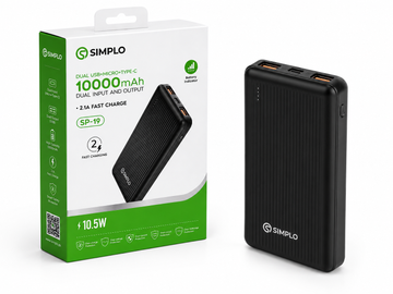 SIMPLO SP-19 10000mAh Fast Charging Power Bank – Dual USB Output, Micro USB + Type-C Input, 2.1A Portable Battery Pack