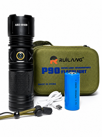 RUILANG ABD-W409 P90 Rechargeable LED Flashlight | 18650 Battery | USB Charging | Super Bright Tactical Torch with Carry Case