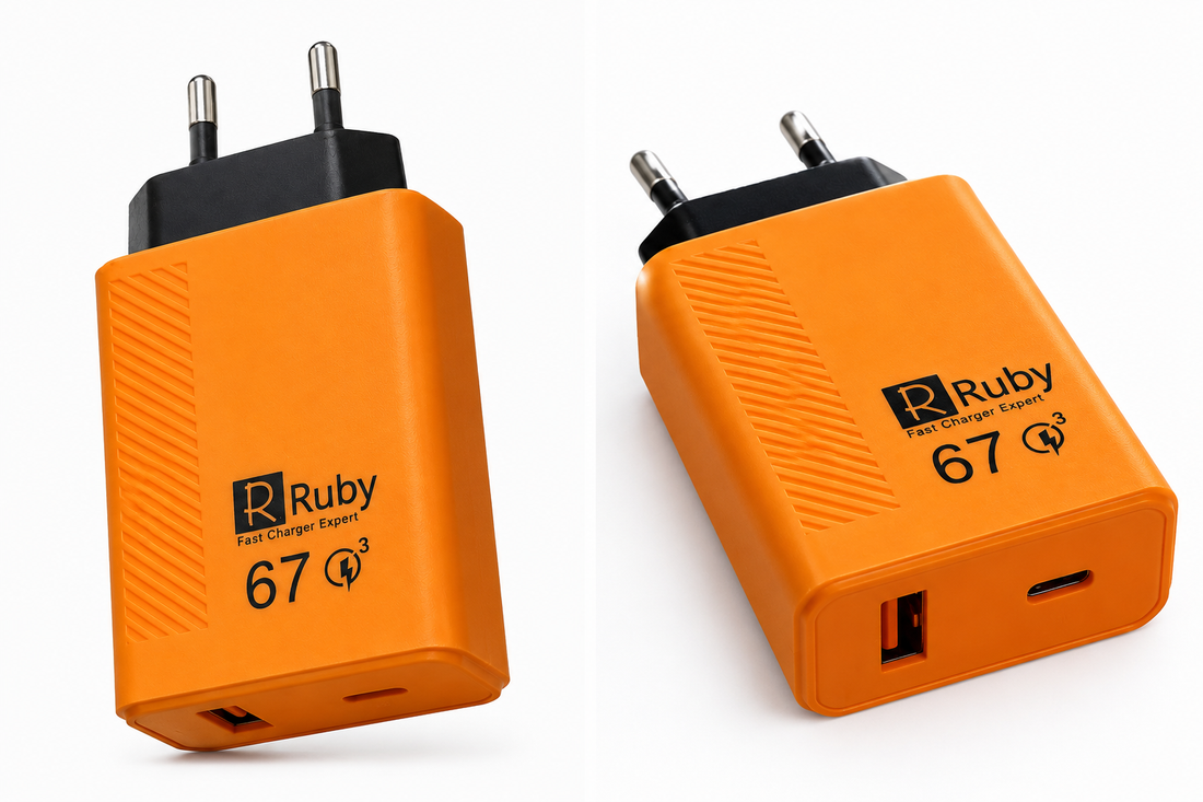 Ruby 67W GaN Fast Charger – USB + Type-C PD/QC3.0 Dual Port Wall Charger for Android & iPhone