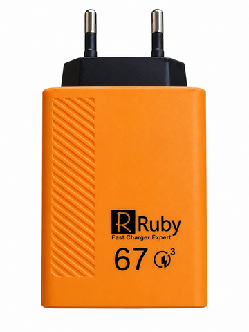 Ruby 67W GaN Fast Charger – USB + Type-C PD/QC3.0 Dual Port Wall Charger for Android & iPhone